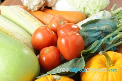 Fresh Vegetables Arrange On The Wood Table Stock Photo