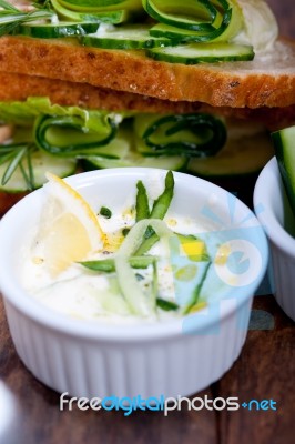 Fresh Vegetarian Sandwich With Garlic Cheese Dip Salad Stock Photo