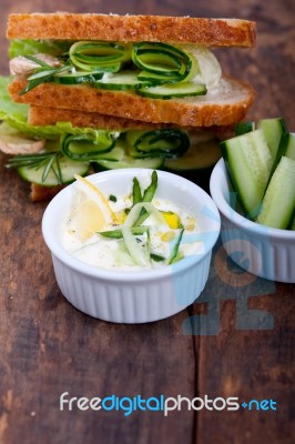 Fresh Vegetarian Sandwich With Garlic Cheese Dip Salad Stock Photo