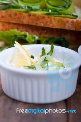 Fresh Vegetarian Sandwich With Garlic Cheese Dip Salad Stock Photo