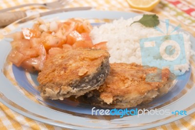 Fried Hake Fish With Rice Stock Photo
