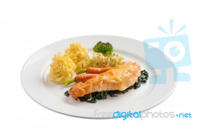 Fried Salmon With Spinach Stock Photo