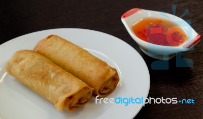 Fried Spring Roll With Sweet Sauce Stock Photo