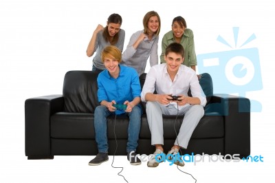 Friends Playing Computer Game Stock Photo
