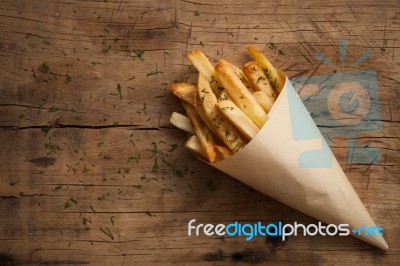 Fries French Herb Still Life Wood Background Flat Lay Stock Photo