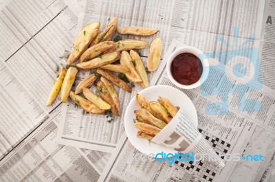 Fries French Ketchup Herb Still Life Stock Photo