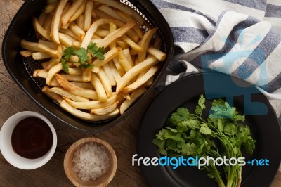 Fries French Ketchup Herb Still Life Flat Lay Stock Photo