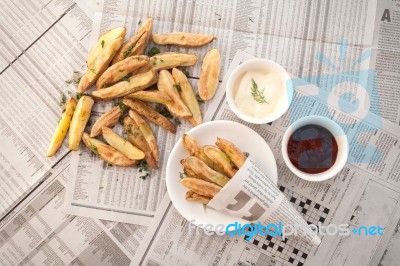 Fries French Ketchup Mayonnaise Herb Still Life Stock Photo