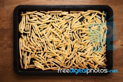 Fries French Still Life Wood Background Flat Lay Stock Photo