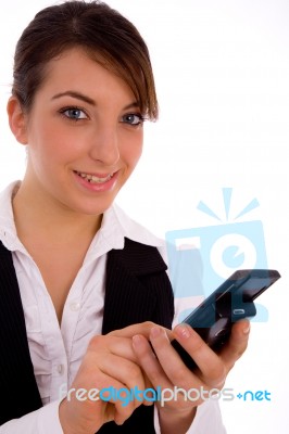 Front View Of Female Holding Cell Phone Stock Photo