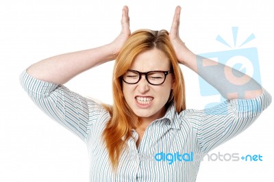 Frustrated Woman Expressing Breakdown Stock Photo