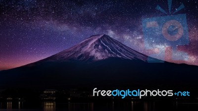 Fuji Mountain With Milky Way At Night Stock Photo
