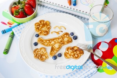 Fun Airplane Shaped Pancake For Kids Stock Photo