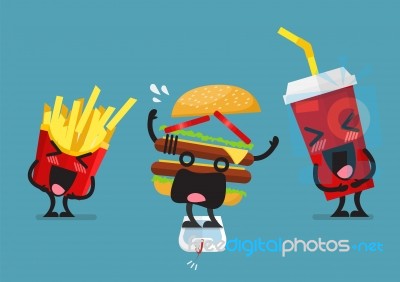 Funny Laughing French Fries And Soft Drink Character With Overwe… Stock Image