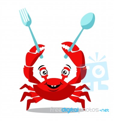 Funny Red Crab Cartoon Holding Spoons For Food Flavor Concept Stock Image