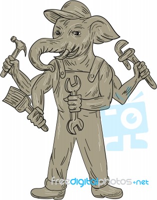 Ganesha Elephant Handyman Tools Drawing Stock Image
