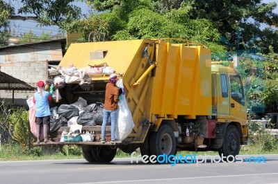 Garbage Truck Rear End Loader Stock Photo