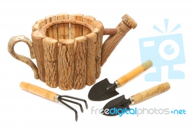 Garden Tool And Wood Fiower Pot Stock Photo