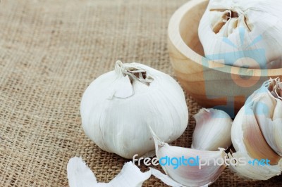 Garlic On A Sack Stock Photo