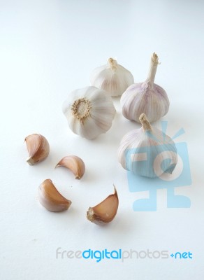Garlics Place On White Background Stock Photo