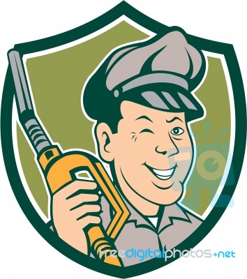 Gas Attendant Nozzle Winking Shield Cartoon Stock Image