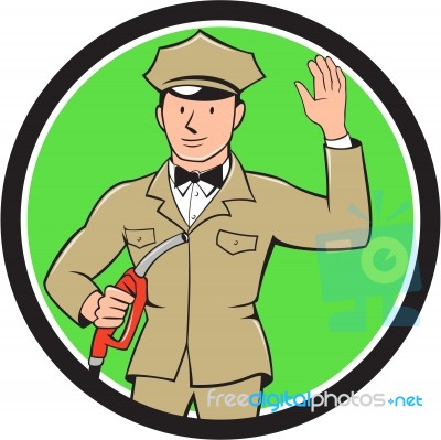 Gas Jockey Attendant Waving Circle Cartoon Stock Image