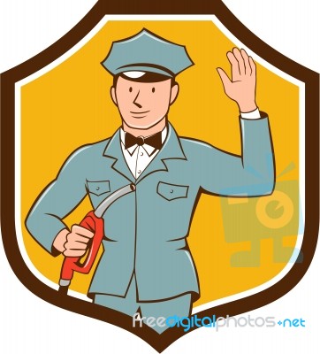 Gas Jockey Attendant Waving Shield Cartoon Stock Image