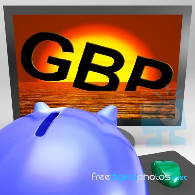 Gbp Sinking On Monitor Shows British Depression Stock Image