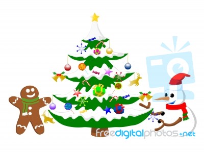 Gengerbread And Snowman Are Decorating Christmas Tree Stock Image