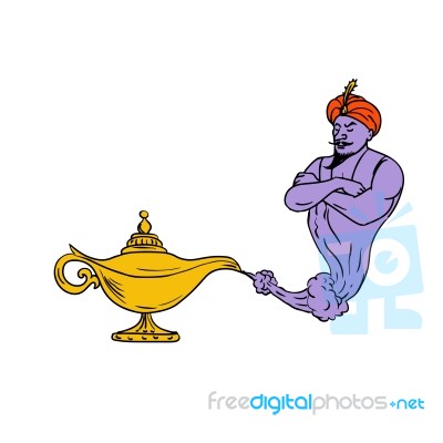 Genie Coming Out Of Golden Oil Lamp Drawing Color Stock Image