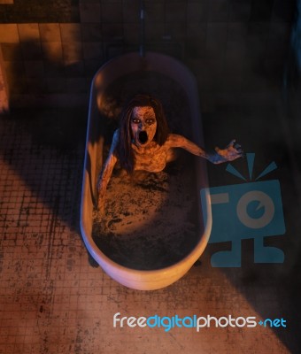 Ghost Woman In Bathtub,horror Concept 3d Illustration Stock Image