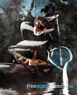 Giant Fantasy Snake Attack A Woman,3d Mixed Media Stock Image