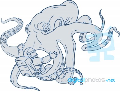 Giant Octopus Fighting Astronaut Drawing Stock Image
