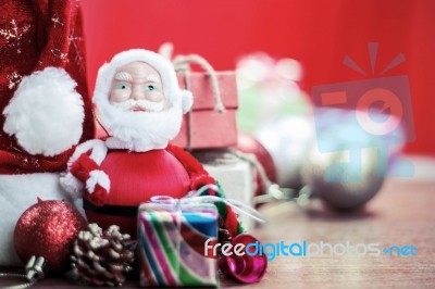 Gifts And Decorations On Wooden Stock Photo