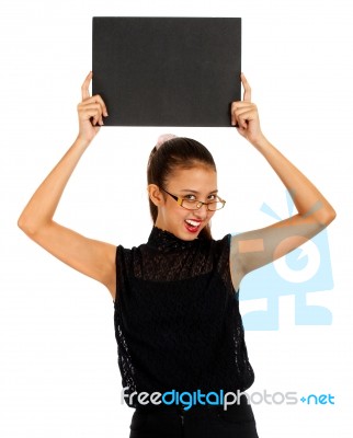 Girl And Black Board Stock Photo
