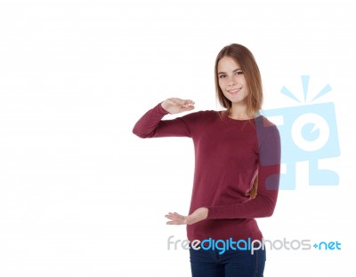 Girl Holding An Imaginary Large Board Stock Photo