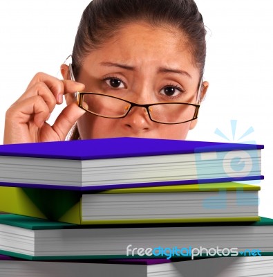 Girl Holding Spectacles With Books Stock Photo