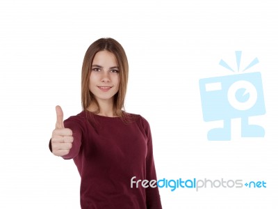 Girl In Red Sweater Shows Sign Good Stock Photo Girl In Red Sweater Shows Sign Good Stock Photo