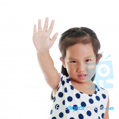 Girl Is Makes A Stop Gesture With Her Hand On White Background Stock Photo