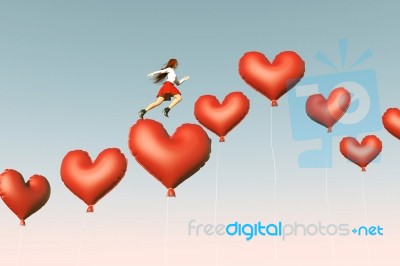 Girl Jumping Or Running On Red Heart Balloons,3d Illustration Stock Image