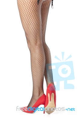 Girl Leg With Fishnet And High Heel Stock Photo