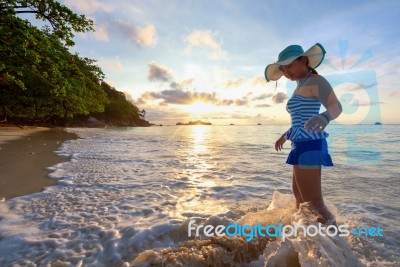 Girl On The Beach At Similan Island, Thailand Stock Photo