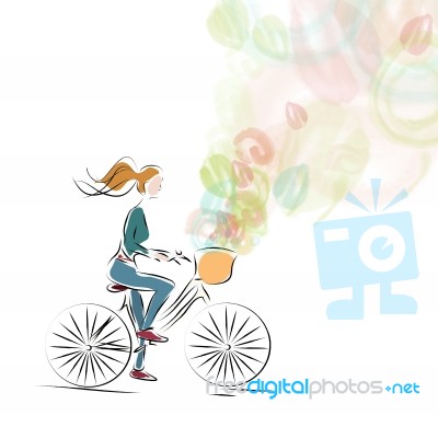 Girl Riding A Bicycle. Illustration Of A Woman On A Bike Stock Image