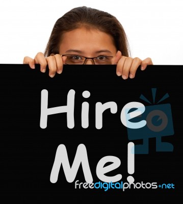 Girl Showing Hire Me Board Stock Photo