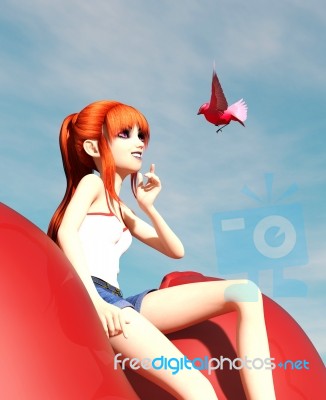 Girl Sitting On Red Heart Balloon And Looking At A Bird,3d Illustration Stock Image