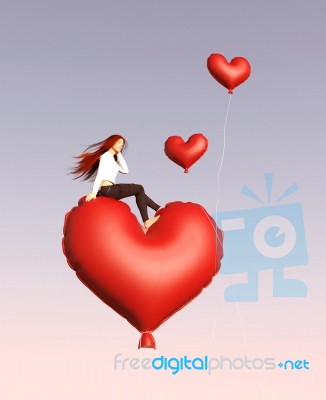 Girl Sitting On Red Heart Balloon,3d Illustration Stock Image