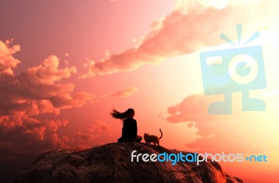 Girl Sitting With Her Cat Looking To The Sunset Sky,3d Rendering… Stock Image