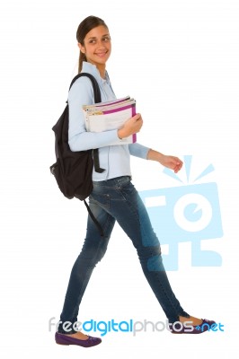 Girl Student Holding Books And Bag Stock Photo