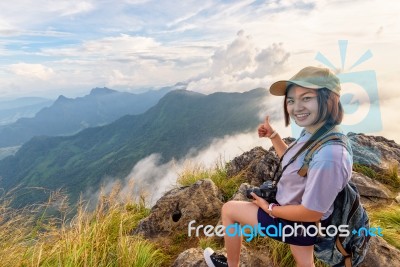 Girl Tourist On Mountains In Thailand Stock Photo