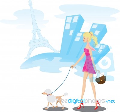 Girl Walking In Paris With Poodle Dog Stock Image